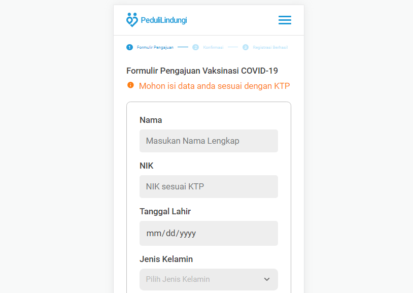 Form daftar vaksin online di pedulilindungi