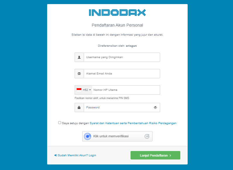 register indodax account via laptop