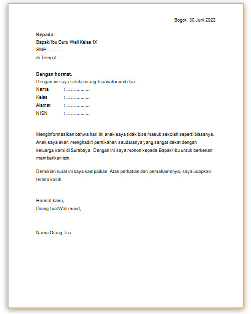 Contoh surat izin sekolah karena keluar kota