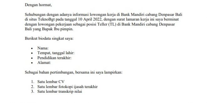 Contoh Surat Lamaran Kerja Di Bank Mandiri