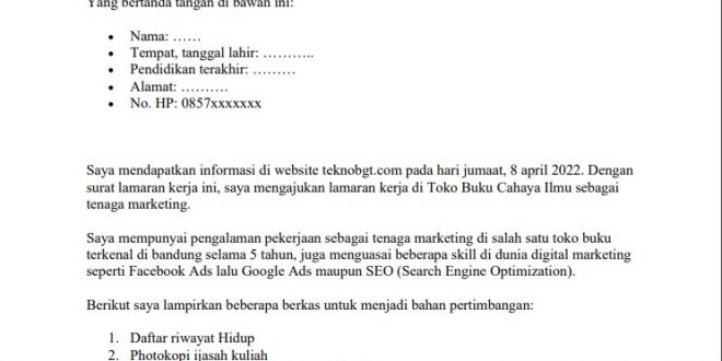 Contoh Surat Lamaran Kerja Di Toko