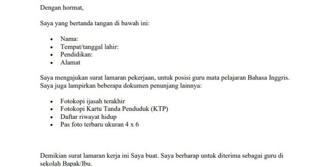 Contoh Surat Lamaran Kerja Guru