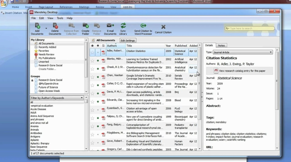 Mendeley Dekstop saat terhubung ke microsoft word