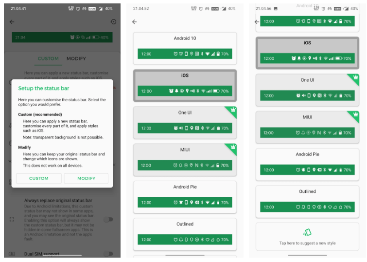 Pilihan tampilan status bar di aplikasi
