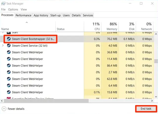 restart steam via task manager